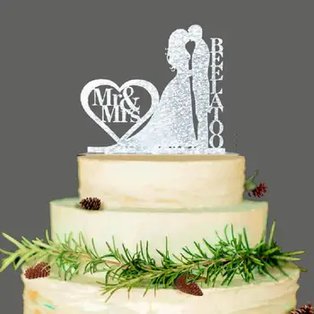  Nunta personalizate Tort Fân, Decor Nunta, Acrilice, sclipici argintiu, tort de nunta Personalizate topper personalizate cu numele