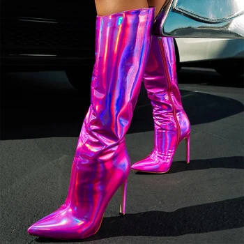  Paiete Metalice Din Piele De La Jumătatea Vițel Bootes Sexy Degetul Ascutit De Culoare Neon Stilet Tocuri Inalte Femei Petrecerea De Nunta Pantofi De Dimensiuni Mari
