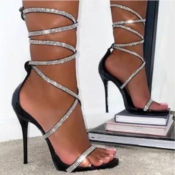  Pantofi de Femei 2022 Vara Gladiator Femei Sandale de Moda Negru Curea Glezna Cristal Dantelă-Up Open Toe Tocuri inalte Zapatos Mujer