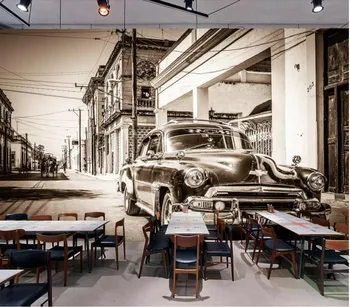  Personalizat wallpaper 3D foto de perete retro nostalgic alb și negru strada masina clasica hotel restaurant murale de perete de fundal