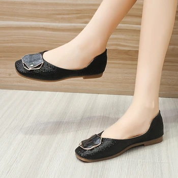  Piele Apartamente Pantofi de Femeie Cataramă de Metal Aluneca pe Superficială Barca Pantofi Rotund-Deget de la picior Deget de la picior Pătrat Pantofi Femei Plus Dimensiune Zapatos De Mujer