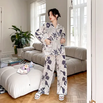  Primavara Toamna anului Nou Satin Sleepwear tinutelor Casual Pijamale Set 2 BUC pentru Femei îmbrăcăminte de noapte Cămașă și Pantaloni Largi de Imprimare Haine de Acasă