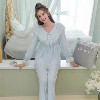  Primăvara Modal Tifon Maneca Lunga Femei Dantelă Albă Seturi de Pijamale de Epocă Printesa Pijamale Fete Dulci Acasă îmbrăcăminte de noapte