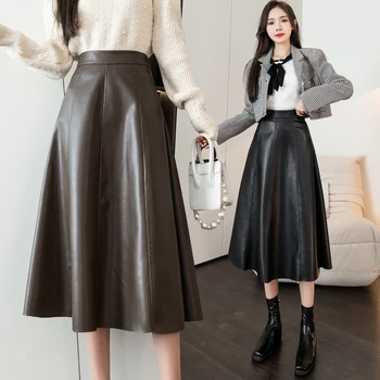  Pu Piele Fusta Lunga Coreeană De Moda De Petrecere A Timpului Liber Talie Mare Saia Midi Mare Leagăn Fusta Faldas Largas Mujer Bohemia Fuste Femei