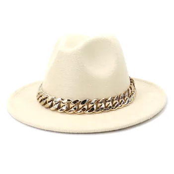  Pălării Fedora Femei Bărbați Margine Largă Lanț Gros De Aur Trupa Felted Pălărie Jazz Capac De Toamna Si Iarna Panama Camel Alb Palarii Sombrero Biserica