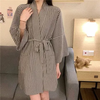  QWEEK Haină Dungi Stil Japonez pentru Femei îmbrăcăminte de noapte de Toamnă Kimono Scurt Halat cu Maneca Lunga Halat de baie Feminin Pijamale