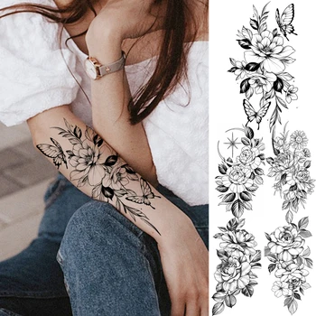  Realist Bujor Floare Fluture Tatuaje Temporare Pentru Femei Adulte A Crescut Fata De Luna Tatuaj Fals Impermeabil Jumătate Maneca Tatoo Decal