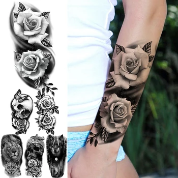  Realist Flori Sexy Floare Trandafir Tatuaje Temporare Pentru Femei Adulte Craniu De Lup Leu Busola Cruce Fals Tatuaj Body Art Tatuaje