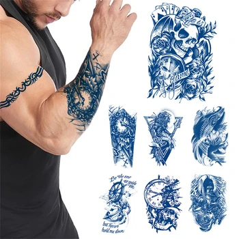 Rezistent la apa Autocolante Temporare Tatuaje Albastre Mâneci Body Art Brațul Schelet Ceas Pictura DIY Tatuaje Durată Autocolant Tatuaj Bărbați
