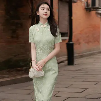  Rochie chinez Cheongsam Dulce Femeile Slim Verde Vintage Tradiționale Qipao Tineri Orientale Elegant Stil Chinezesc îmbunătățit Vestido