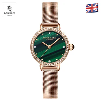  ROSE&de ALBINE a Crescut de Aur Ceasuri Pentru Femei de Moda Verde Rotund Dial Ceasuri de Lux Simplu Stras Femei Ceas de mână din Metal ochiurilor de Plasă Benzi