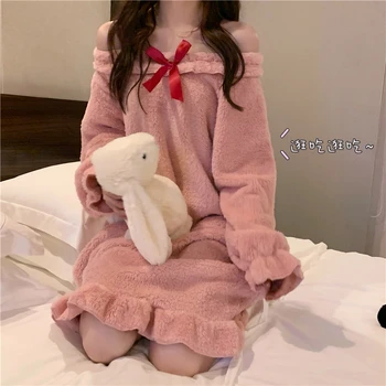  Roz Dulce Toamna Cămașă De Noapte Pentru Femei Slash Gât Roșu Papion Casual Kawaii Lung Pijamale Largi De Catifea Coral Fleece Homewear