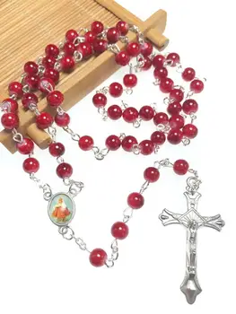  ROȘU de sticlă șirag de mărgele, mătăniile colier aliaj de zinc aolly lanț rozariul religioase rosario