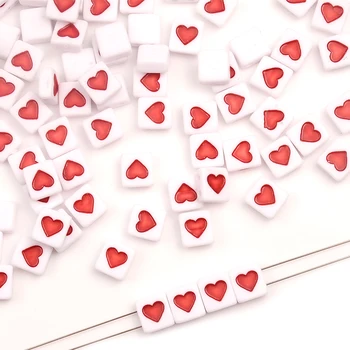  Roșu Dragoste Inima Alb Margele Acrilice Pătrat Liber Margele Spacer Pentru A Face Bijuterii Handmade, Diy Brățară Colier