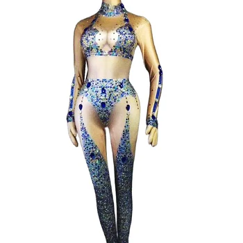  Sclipitoare Diamante Albastre Femei Maneca Lunga, Salopete De Club De Dans Pol Costume Seara Balului Cantareata De Performanță Etapă De Uzura