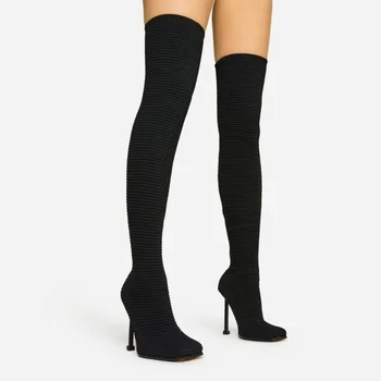  stretch tricot de toamna iarna cizme stil punk elastic pantofi femei șosete cizme de călărie sexy negru peste genunchi cizme înalte tocuri inalte