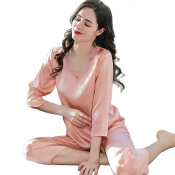  T77192 de Vara pentru Femei Subțire cu Mânecă Lungă Costum Simplu Pierde petrecere a timpului Liber Maxim Două Piese Pijamale de Matase 100% Sleepwear