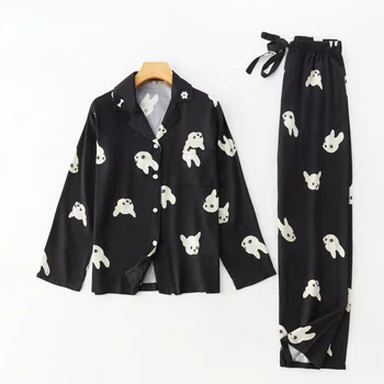  Toamna Viscoză Set de Pijama Negri Animale de Imprimare Femei cu Mâneci Lungi Homewear Kawaii Pijamale pentru Femei 2021