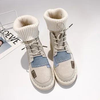  Toamna și Iarna Noi Scurtă de Lână Cizme Cap Rotund Dantela-up Low-Toc de Moda de Îmbinare Cizme Femei Pluș Cizme Scurte femei pantofi