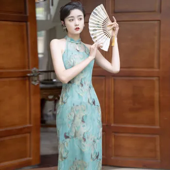  Vara Retro Slim Sexy Qipao Rochii De Ras Umăr Cheongsam Chineză Stil Oriental Tineri Gât Ștreangul Rochie De Epocă Rochie Lungă