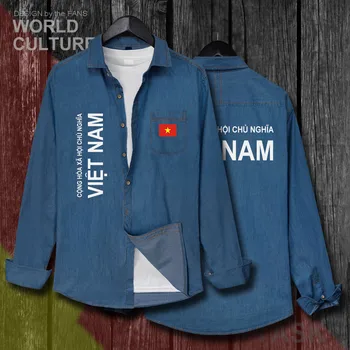  VietNam, Vietnameză Viet Nam VNM VN Bărbați Națiune Pavilion Haine de Toamna din Bumbac cu Maneca Lunga Cowboy moda Guler de Turn-down Blugi Tricou