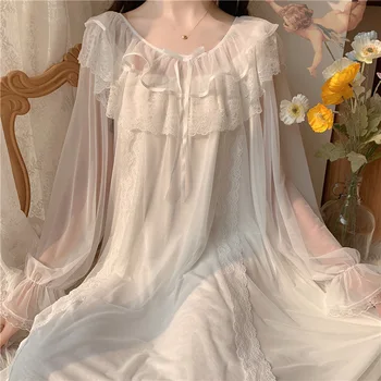  Vintage femeii Sleepwear Printesa Rochie de Plasă Sleepshirts Stil Regal Arc Dantelă, Cămăși de noapte.Doamnelor Fată Drăguț Cămașă de noapte camasa de noapte