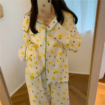  vintage galben print floral stele bumbac acasă haine femei pijama set primavara toamna homewear cămașă pantaloni 2 buc sleepwear