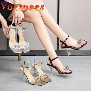  Voesnees Sexy Transparente din PVC-Un Cuvânt Trupei Shining Diamond Decora Sandale 9CM Culoare Pură Catarama Curea Toc Înalt Pantofi Femei