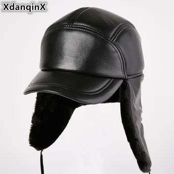  XdanqinX Piele naturala Pălărie de Iarnă pentru Bărbați Bombardier Pălării foarte Groasă Plus, Catifea, piele de Oaie Cald Căști Pălărie caciula de Iarna Pentru Bărbați