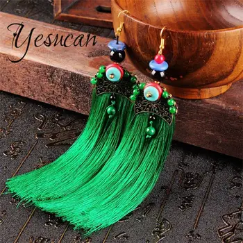  Yesucan Retro Boemia Ciucure Lung Picătură Cercei Handmade, Colorate Verde Piatra Cercel Stil Etnic Pentru Femei, Cadou De Nunta Mireasa