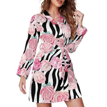 Zebra Print Pijama Halat De Trandafiri Roz Mâneci Lungi Dormitor Pijamale, Halate De Sex Feminin V Gât Drăguț Sleepwear Modelul De Zi Cu Zi Rochie
